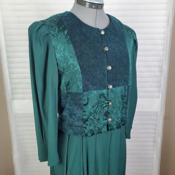 Vtg green patchwork rayon long sleeve maxi dress 8 - Picture 3 of 10